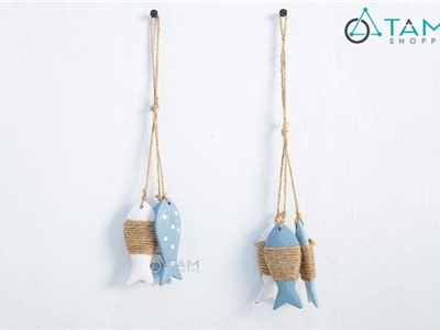 Chùm 3 con cá gỗ treo trang trí quấn dây thừng CG-05